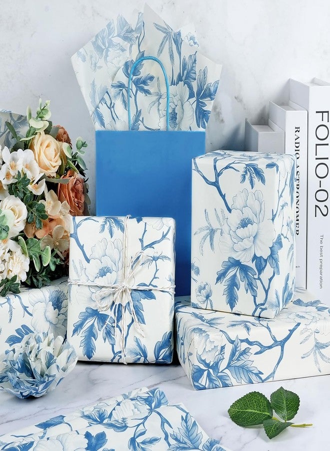 KESTAR 60 Sheets Blue Floral Tissue Paper, 14" x 20" Blue White Peony Flower Tissue Paper Bulk for Gift Bags, Vintage Chinoiserie Gift Wrapping Tissue for Crafts Packaging Wedding Birthday Party Decor - Image 4
